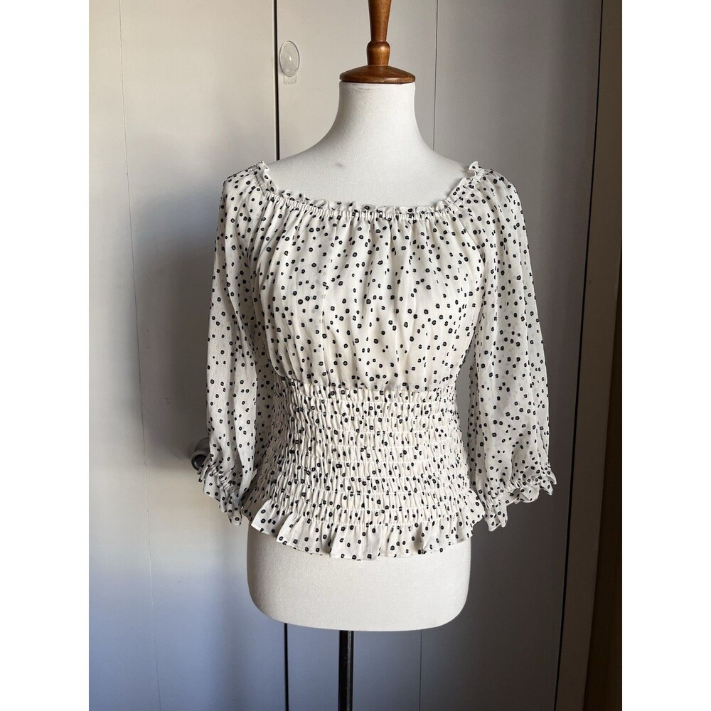 Anthropologie Smocked Waist Peasant Top Women S White Black Dot Long Sleeve Boho